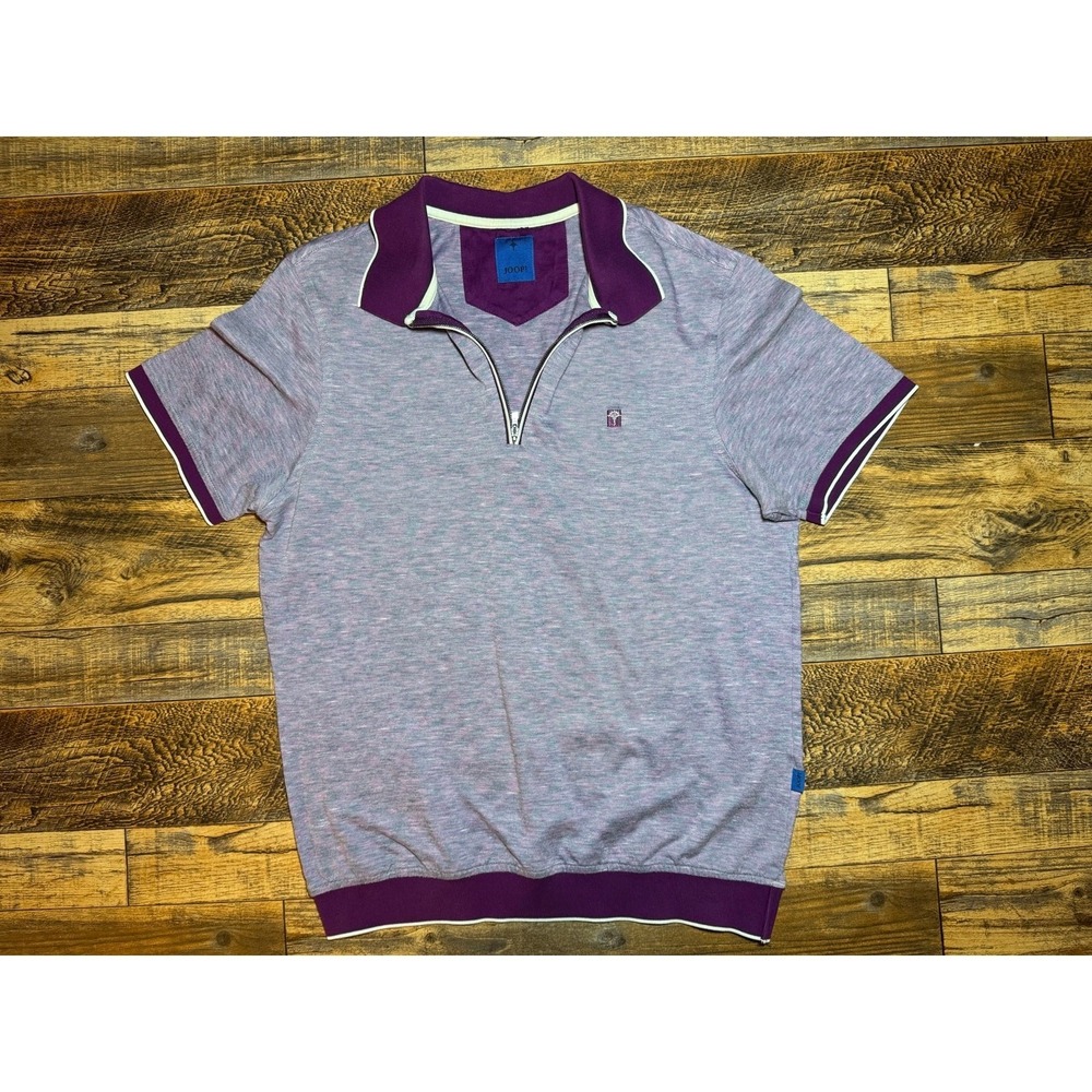 Joop! Mens Quarter Zip Polo Shirt Size M Purple Marl Short Sleeve Bird Detail
